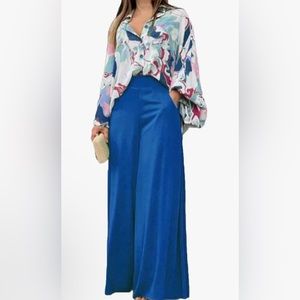 WOMEN’S PRINTED LAPEL SHIRTS SOLID COLOR LONG WIDE LEG PANTS OUTFIT